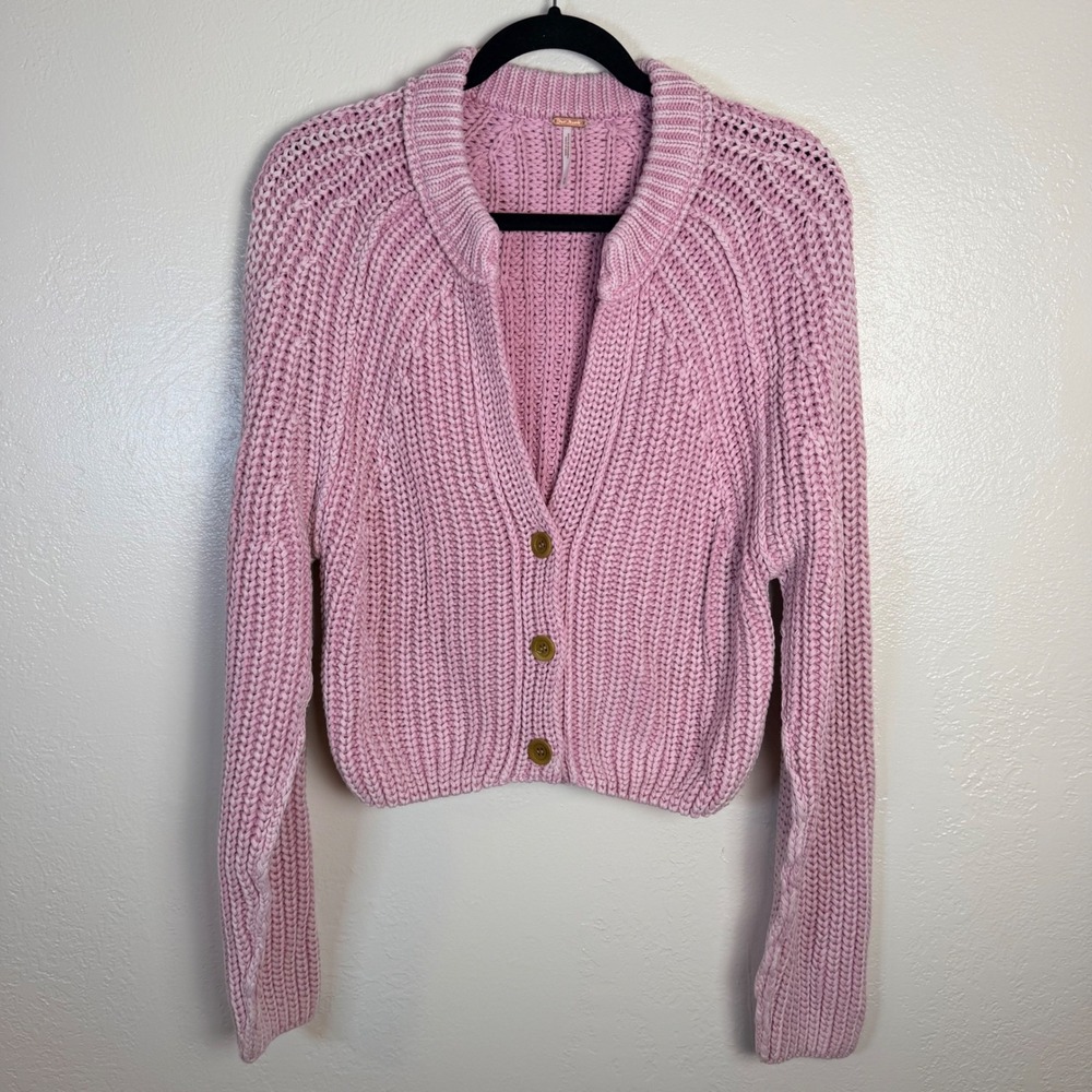 Free People Womens M Pink Chunky Cotton Knit Cropped Cardigan Sweater Boho Cozy